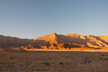 Naklejka premium A desert landscape with a mountain in the background