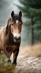 Obraz premium Horse walking through a misty forest path with trees in the background during a calm morning