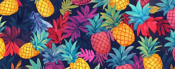 Colorful pineapples and tropical leaves seamless pattern repeating background