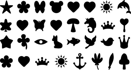 Naklejka premium Cute Black Silhouettes Set Stars Hearts Flowers Animals Design Elements