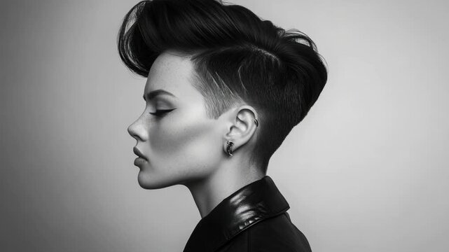 Monochrome close-up portrait of a stylish young woman with trendy undercut hairstyle