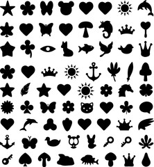 Cute Black Silhouettes Icons Set: Stars Hearts Animals Flowers for Design