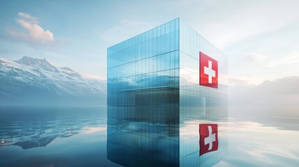 Modern glass building with Swiss flag reflecting on alpine lake, representing financial stability, banking security and Swiss precision in architecture.