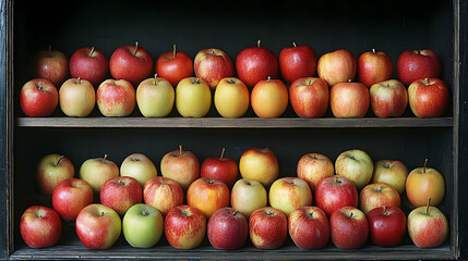 A vibrant display of assorted apples arranged neatly on wooden shelves in a rustic setting