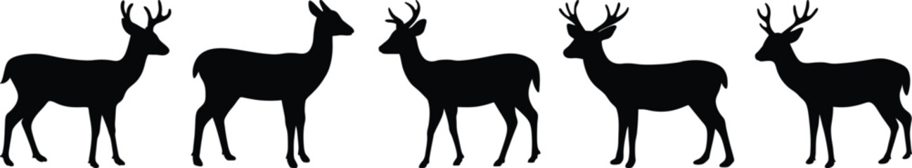 Fototapeta premium Five Black Deer Silhouettes on White Background Wildlife Clipart