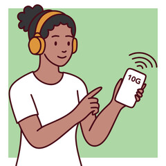 Smiling young woman with wireless headphones pointing at smartphone screen showing 10G network signal, symbolizing high-speed internet and modern connectivity
