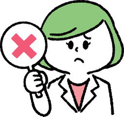 バツマークを持つ白衣を着た女性