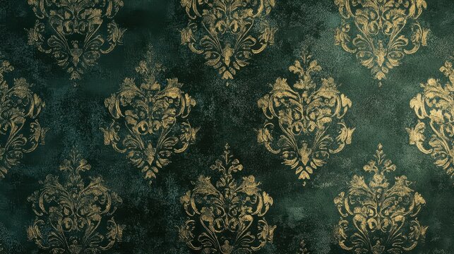 Fototapeta Elegant green wallpaper with golden floral background detail