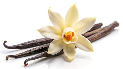 Aerial Vanilla Flower Photography: Dried Pods, White Background, High-Resolution Image