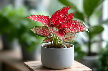 A vibrant and colorful Aglaonema plant in a simple white pot, showcasing its striking red leaves with speckles, adding beauty to any indoor space.