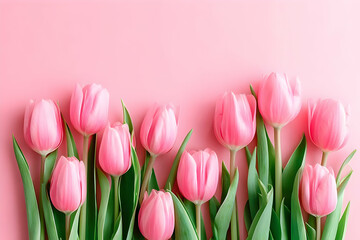 Fototapeta premium A vibrant arrangement of pink tulips against a soft pink background, showcasing the beauty of nature and adding a touch of elegance to any space.