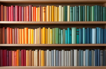 A vibrant bookshelf filled with colorful books arranged in a spectrum, creating a visually appealing display of literature and creativity.