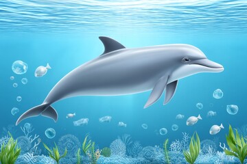 Fototapeta premium A dolphin swimming freely in a clean, plastic-free sea