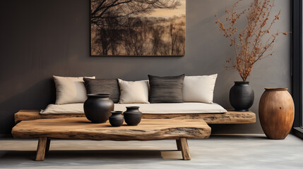 Interior design concept in authentic natural style using natural elements.	
