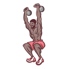 illustration of a muscular man lifting two kettlebells up on a white background