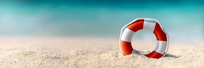 Naklejka premium A vibrant coastal scene featuring a colorful lifebuoy resting on soft sand, inviting relaxation and safety for beachgoers under a clear blue sky.