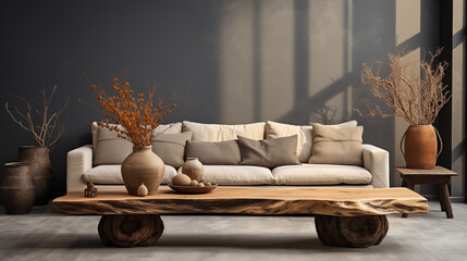 Interior design concept in authentic natural style using natural elements.	
