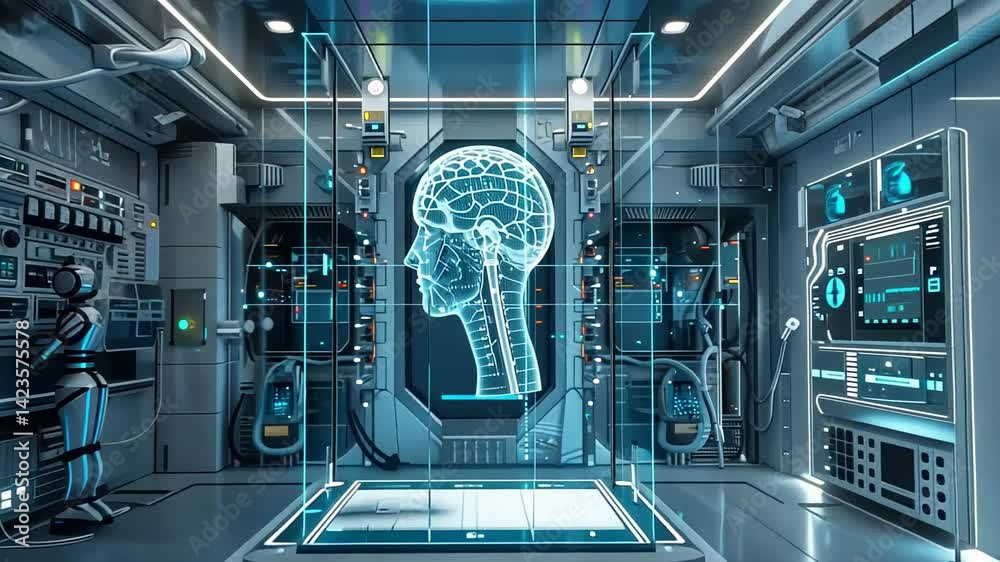 Poster exploring futuristic technology in a high-tech lab showcasing artificial intelligence and its potent