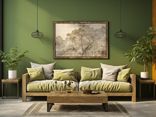 Modern interior design in dark green tones with a painting on the wall.