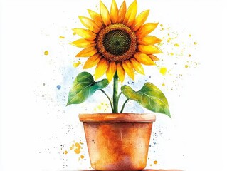 Obraz premium Watercolor Sunflower in Terracotta Pot