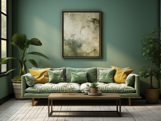 Modern interior design in dark green tones with a painting on the wall.