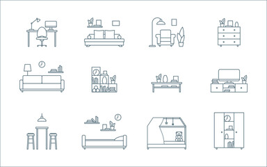 Furniture Object Sign Black Thin Line Icon Set for Home and Office. Vector illustration of Workplace and Living Room Icons