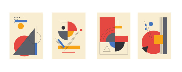 Cartoon Color Bauhaus Concept Placard Banner Card Set with Circle, Square and Triangle Flat Design Style. Vector illustration
