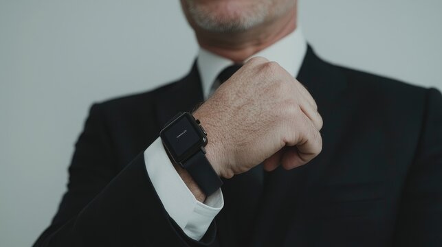 Close-up of a man in a suit checking his smart watch.  He's smiling slightly