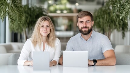 Fototapeta premium Two business professionals collaborating in a modern office setting, sitting at a table with laptops, surrounded by lush green plants, and teamwork concept.