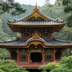 Intricate Japanese Temple Roof with Golden Detailing