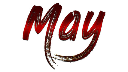 3D blood red word design of May on white background.	