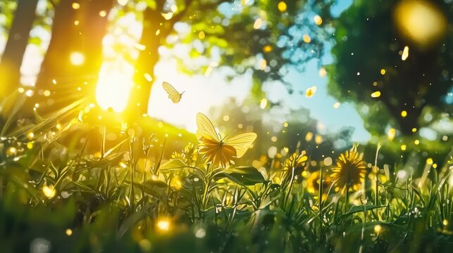 Fototapeta Magical Sunset Meadow with Butterflies