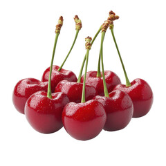 Fresh Bright Red Cherries with Green Stems on transparent background Perfect for Food and Fruit Healthy Snacks and Summer Fruit Display.