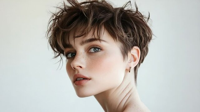 Portrait of a confident young woman with short brown hair and freckles looking at camera