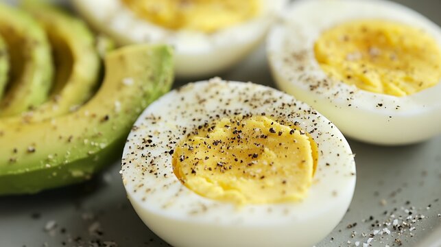Hard Boiled Egg Halves and Avocado Slices Seasoned with Pepper