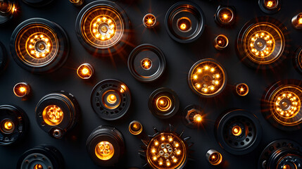 Abstract background pattern of multiple round industrial lights or fixtures with glowing warm amber LED centers, viewed from above on a dark textured surface.
