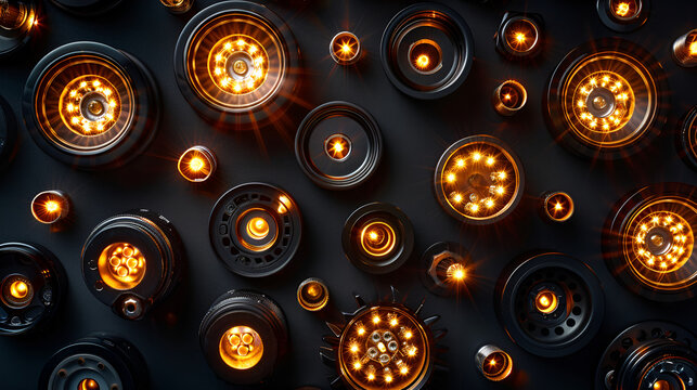 Abstract background pattern of multiple round industrial lights or fixtures with glowing warm amber LED centers, viewed from above on a dark textured surface.
