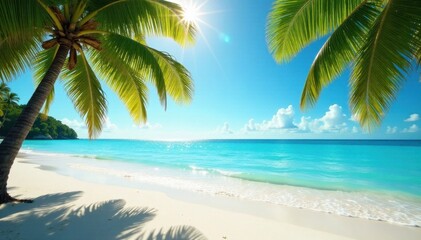 Obraz premium Sun-drenched palms arch over pristine beach, clear water shimmers, image, vacation
