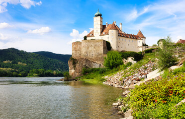 The medieval Schonbuhel castle, built on a rock on Danube river is a main historical landmark and popular tourist attraction in Wachau valley, UNESCO cultural landscape, Austria