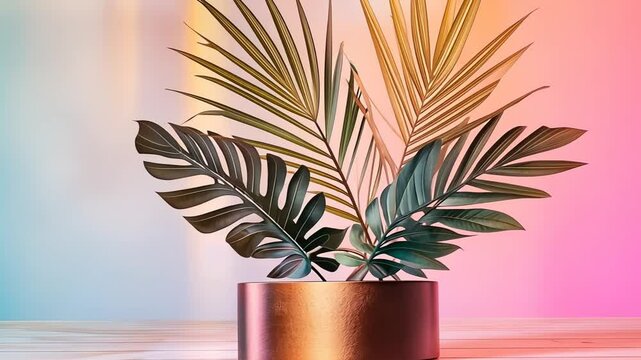 Vibrant tropical plant in copper pot against colorful gradient background