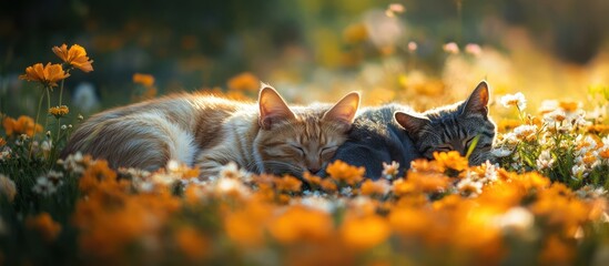 Obraz premium Cats napping in sunlit flower field