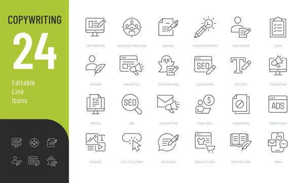 Copywriting Line Editable Icons set. Vector illustration in modern thin line style of content production related icons: blog, text, promoting, and more. Isolated on transparent background.