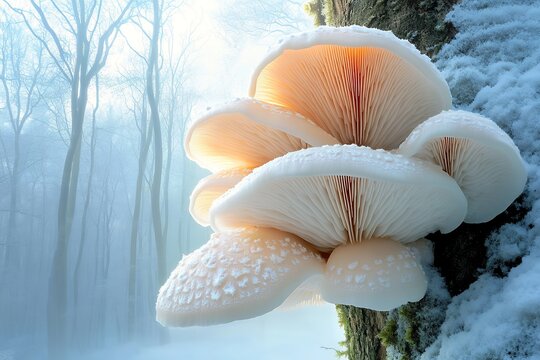 Frost-covered mushrooms in a misty winter forest setting