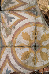 Vintage Patterned Cement Floor Tiles with Moss in Colonial Architecture, Malacca, Malaysia
