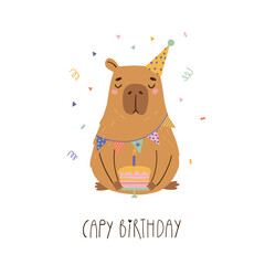 Cute birthday greeting card with capybara in party hat holding cake with candle. Hand-drawn cartoon style. Perfect for kids birthday cards, party invitations, posters, prints.