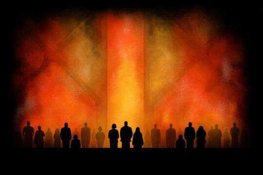 Fire rising from a group of intercessors kneeling in unity