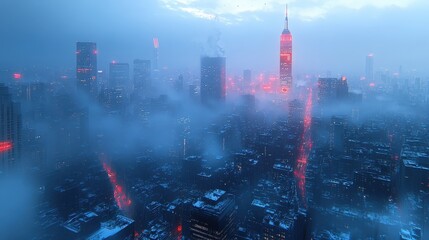 A wintry, fog-shrouded New York City skyline.
