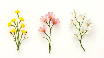 Obraz premium Small sprigs of white gypsophila, pink chamelaucium, and yellow berberis thunbergii flowers