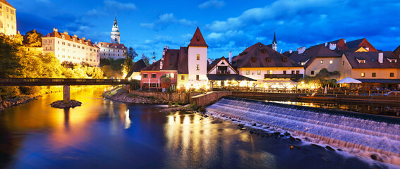 Panorama of castle Cesky Krumlov at night with Vltava, Czech republic