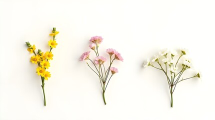 Obraz premium Small sprigs of white gypsophila, pink chamelaucium, and yellow berberis thunbergii flowers
